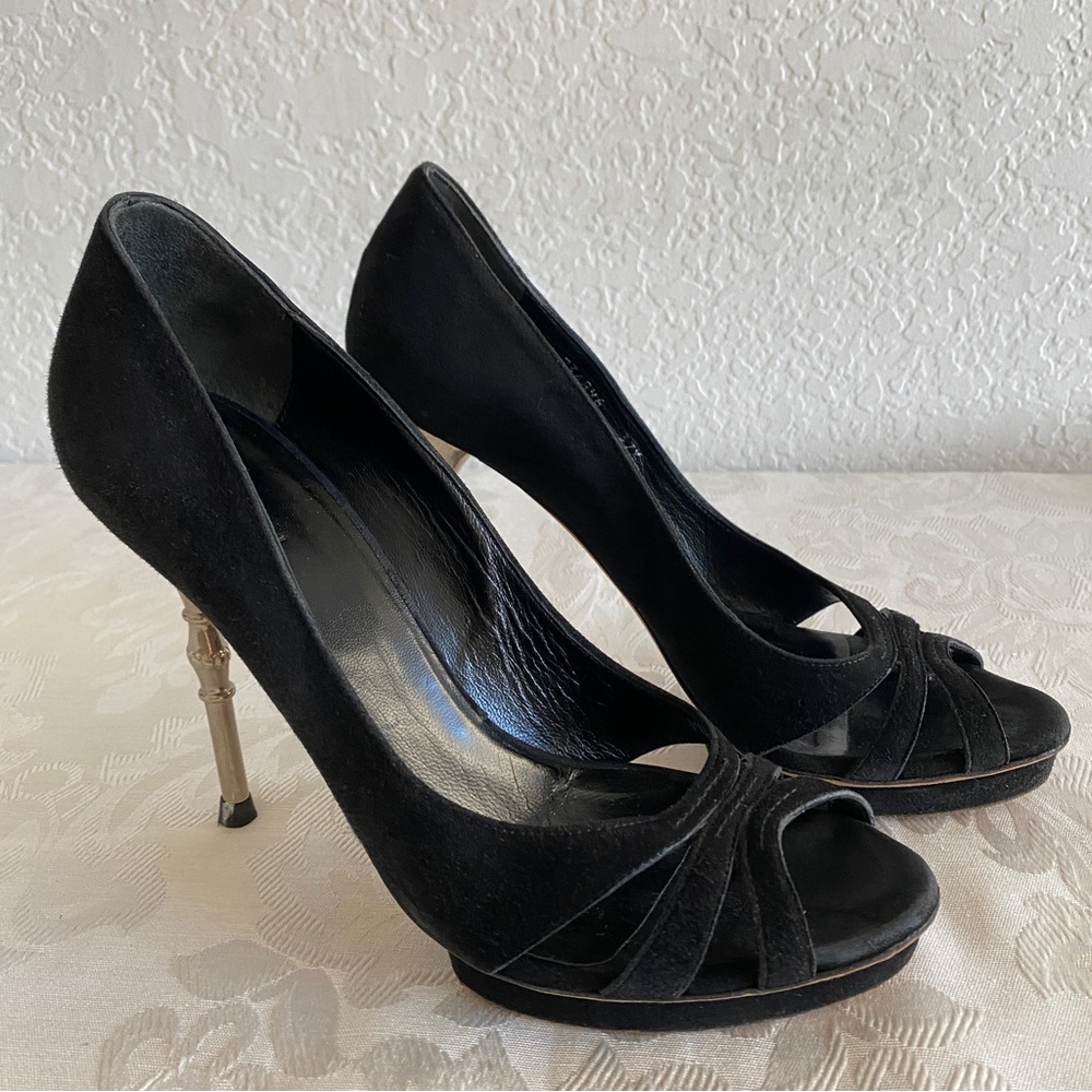 Gucci black bamboo heel peep toe pumps